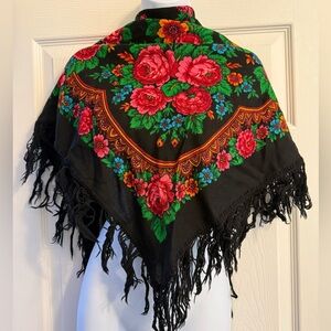 Vintage Floral Black Scarf with Fringe | Folk Style Shawl
